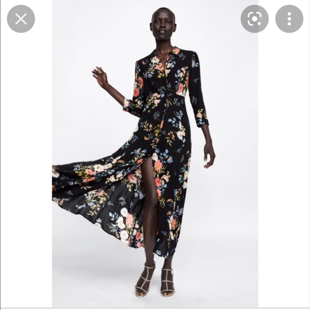 Zara Maxi length button up Floral Black Dress